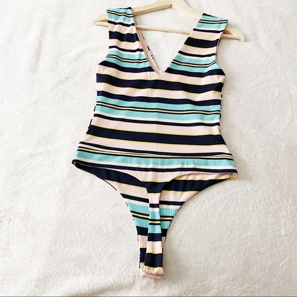 Preppy Colorful Stripe Ribbed V Neck Bodysuit - Picture 7 of 8